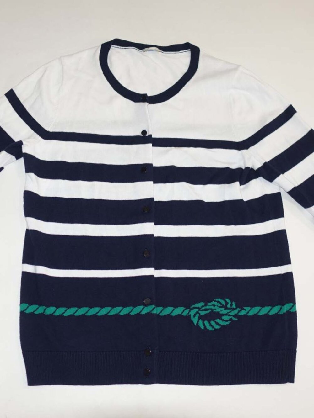 Talbots Women's Cardigan Sweater Large 3/4 Sleeves Navy Blue White Green L